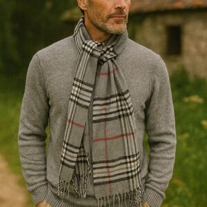 NWT John Ashford Scarf Grey Black White Plaid Fringe 62in X 11in Cozy Warm Neck